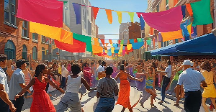 A lively urban scene showing a performance art event with people interacting and colorful banners.