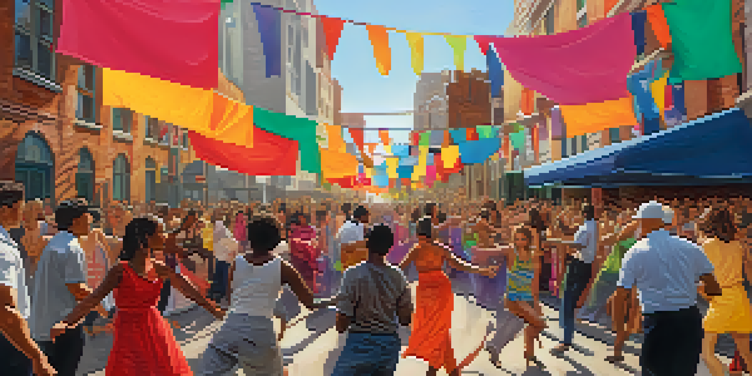 A lively urban scene showing a performance art event with people interacting and colorful banners.