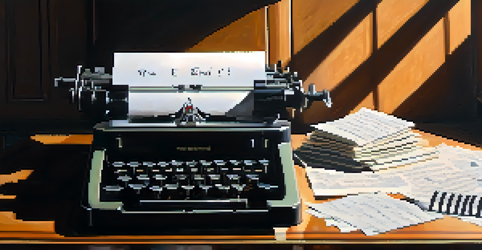 A typewriter with a sheet of paper that says 'The End,' surrounded by scattered notes and an old novel, evoking a sense of mystery and storytelling.