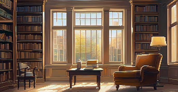 A bright and cozy library with large windows, bookshelves, and a reading nook.