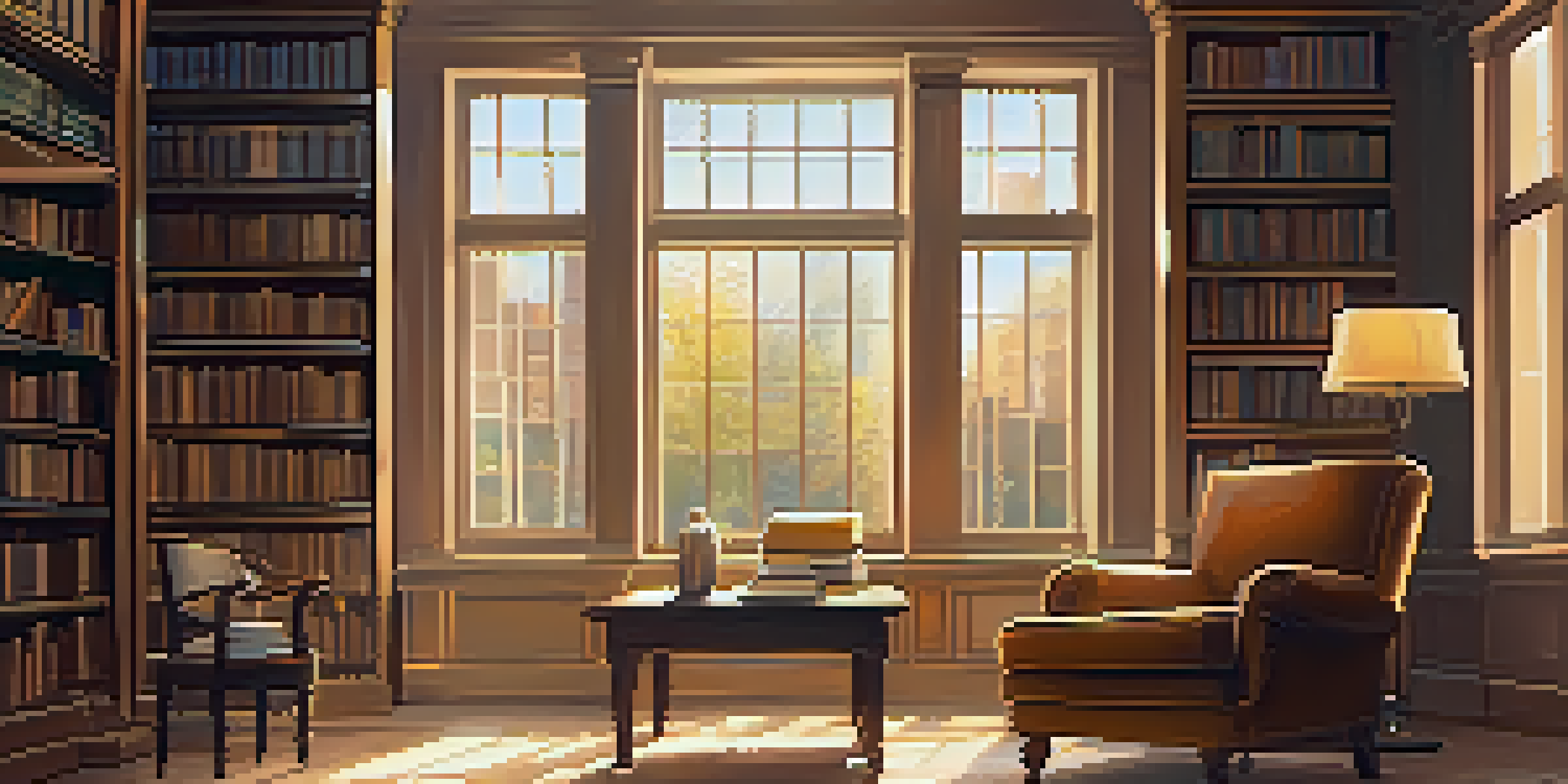 A bright and cozy library with large windows, bookshelves, and a reading nook.