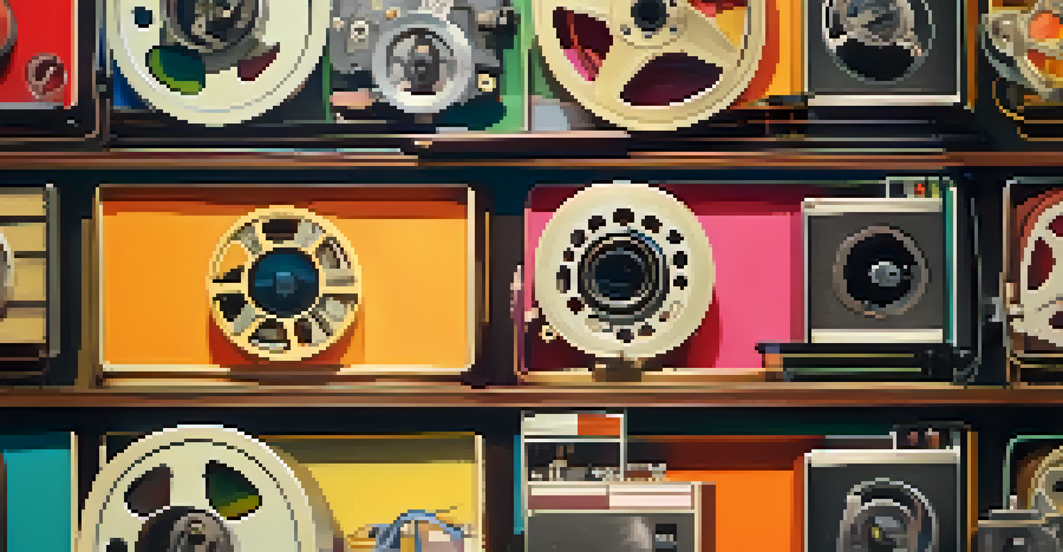 A close-up of a vintage film reel with colorful frames from classic animated films, surrounded by old cameras and scripts under warm lighting.