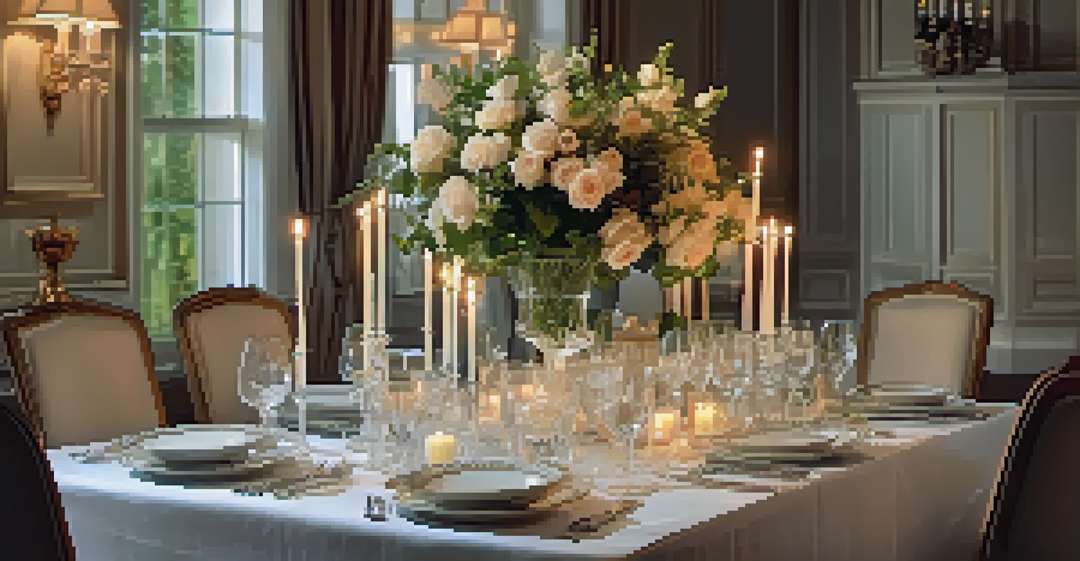 A romantic dining table beautifully set with candles and flowers in a warm, inviting light.