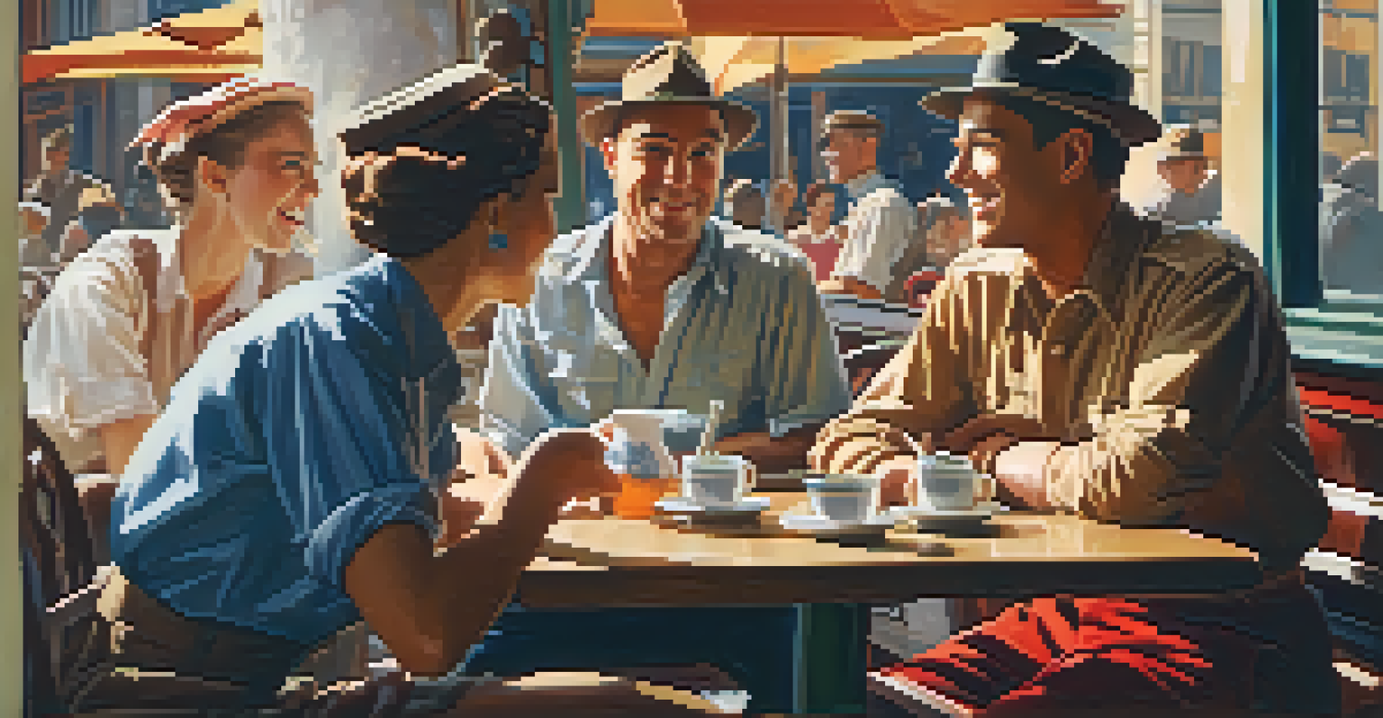 A colorful scene of diverse characters in a café during World War II, with sunlight streaming through windows and showcasing their expressions of hope.
