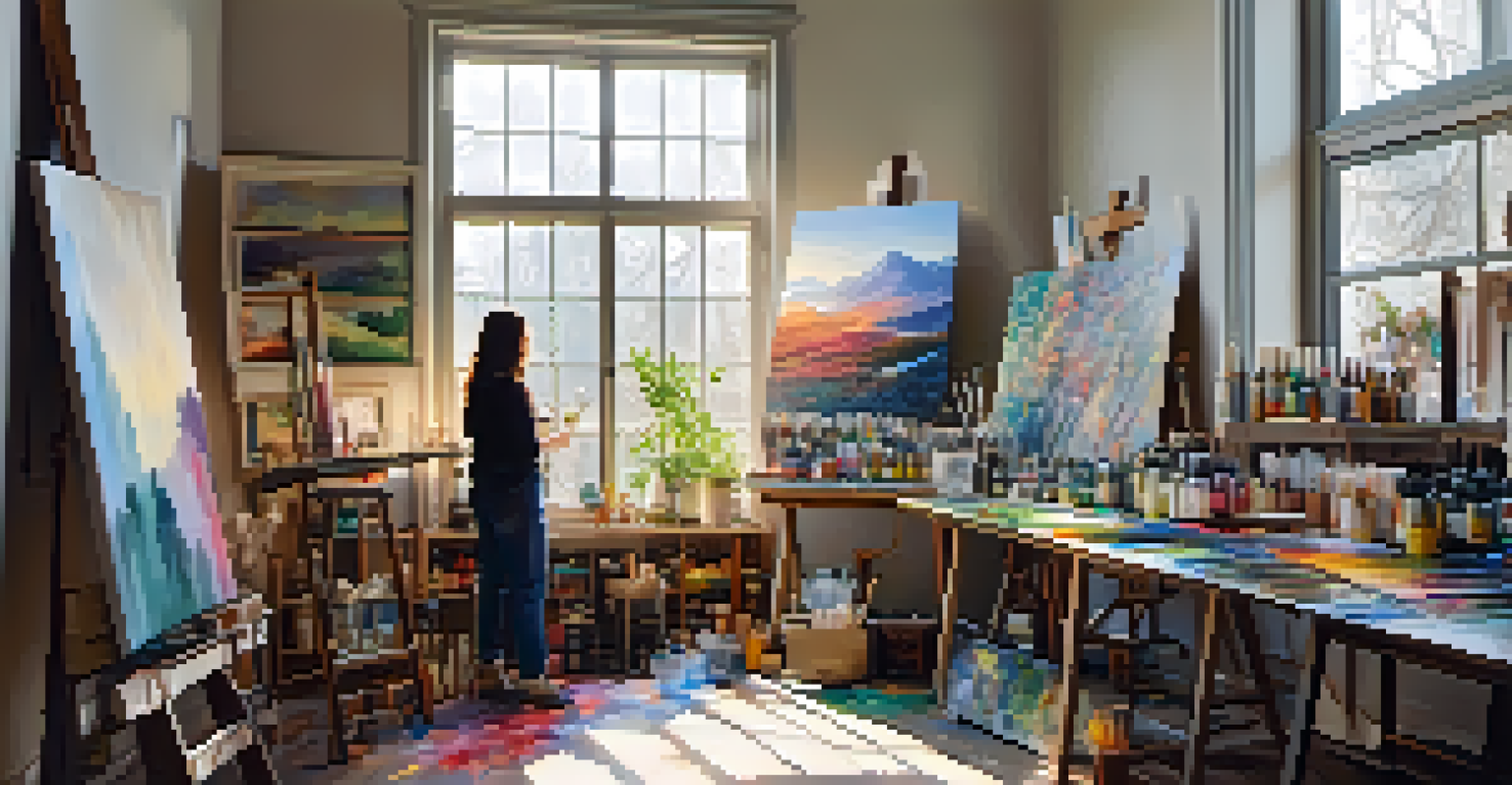 An artist's studio with paints, brushes, a large canvas, and natural light streaming through a window.