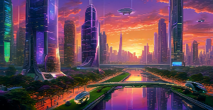 A vibrant futuristic city with skyscrapers, neon lights, and flying cars against a colorful sunset.