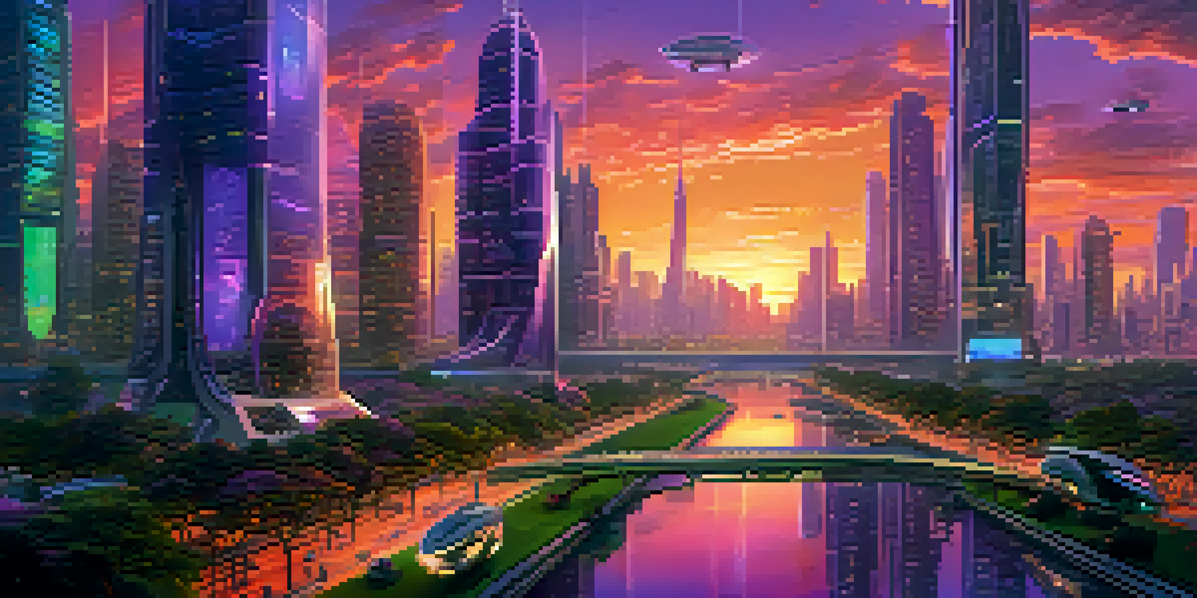 A vibrant futuristic city with skyscrapers, neon lights, and flying cars against a colorful sunset.