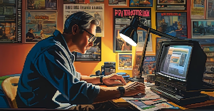 A filmmaker editing a film in a cozy room, surrounded by vintage film posters and a glowing computer screen, focused on colorful clips in the editing software.