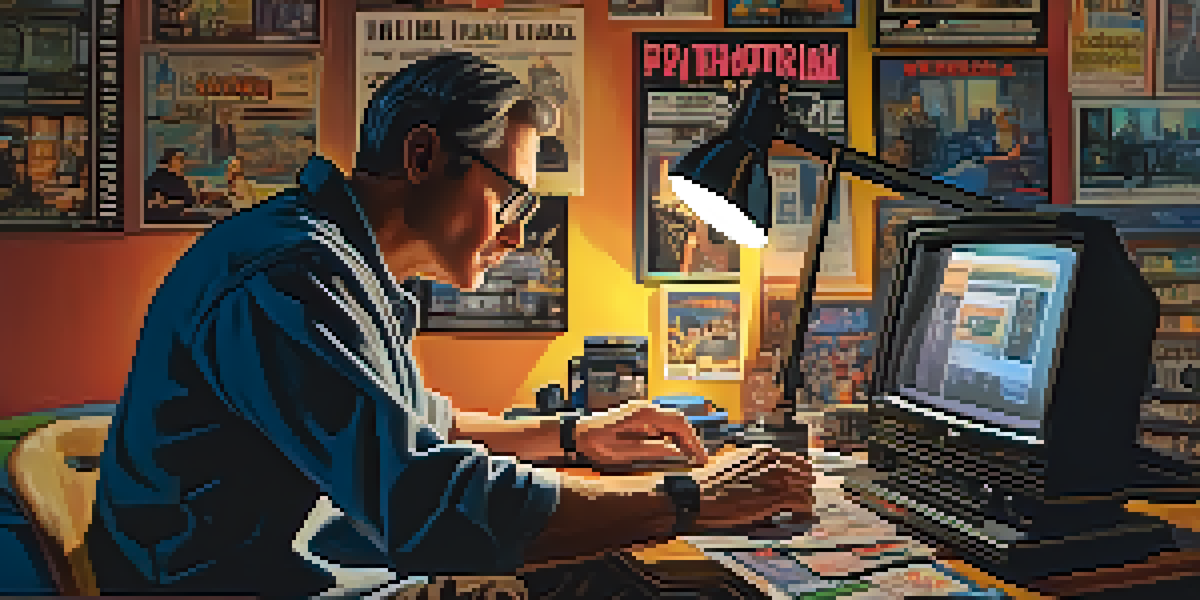 A filmmaker editing a film in a cozy room, surrounded by vintage film posters and a glowing computer screen, focused on colorful clips in the editing software.