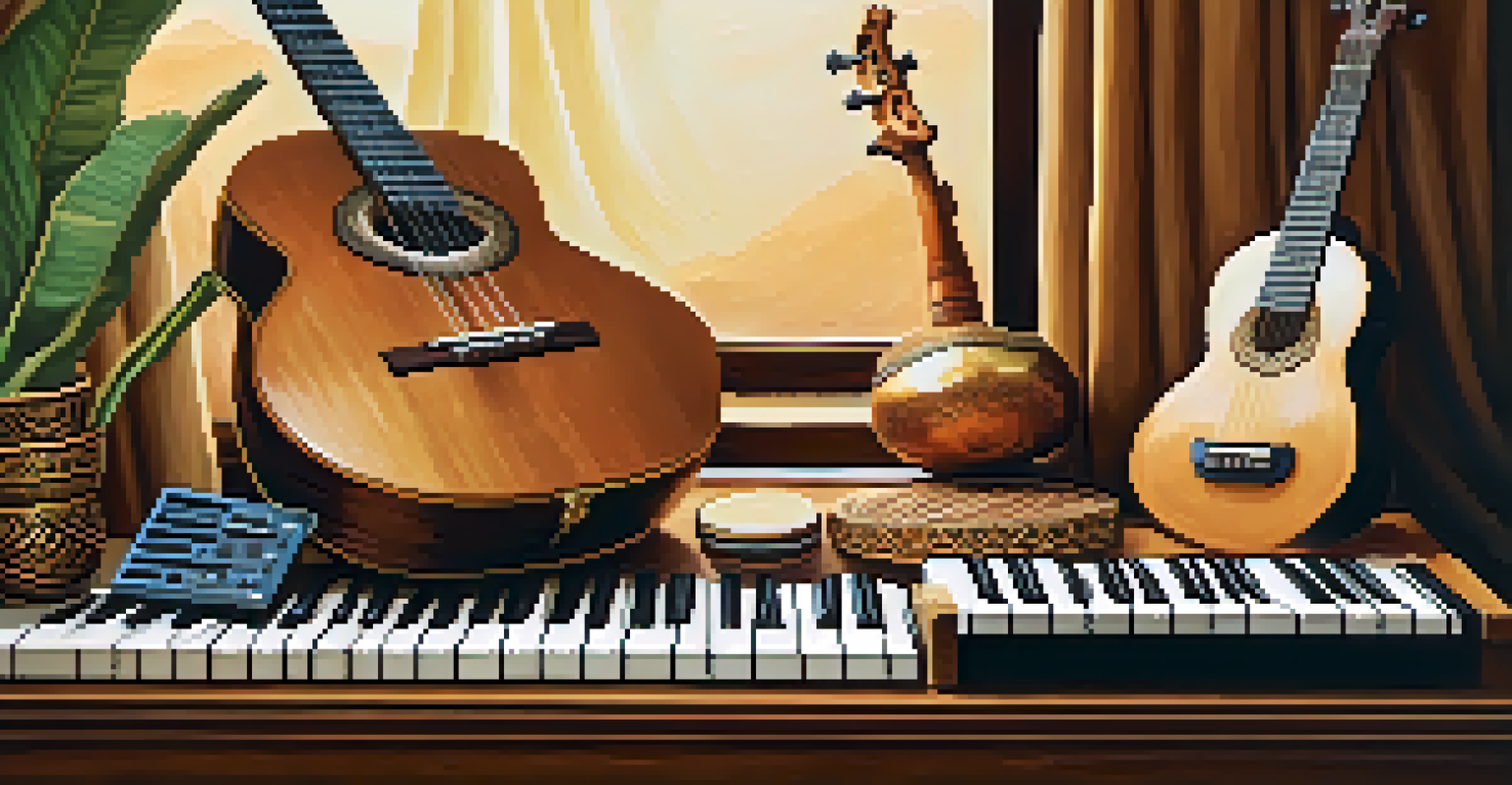 A serene arrangement of traditional and modern musical instruments on a wooden table illuminated by soft natural light.