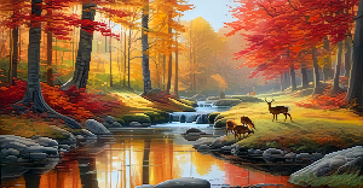 An autumn forest with colorful trees and a stream, featuring deer in the background.
