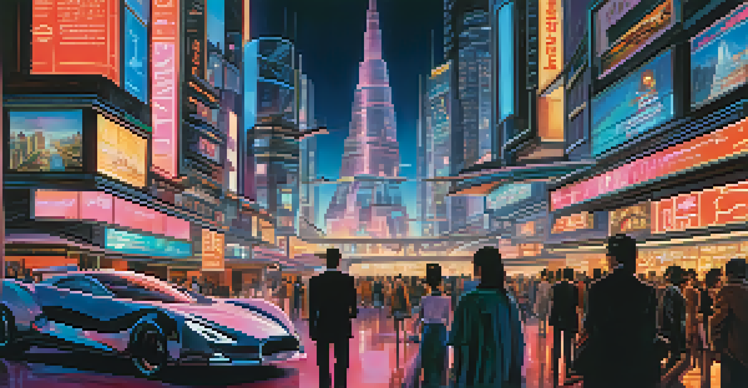 A futuristic city skyline at night with neon lights, flying vehicles, and people in modern clothing.