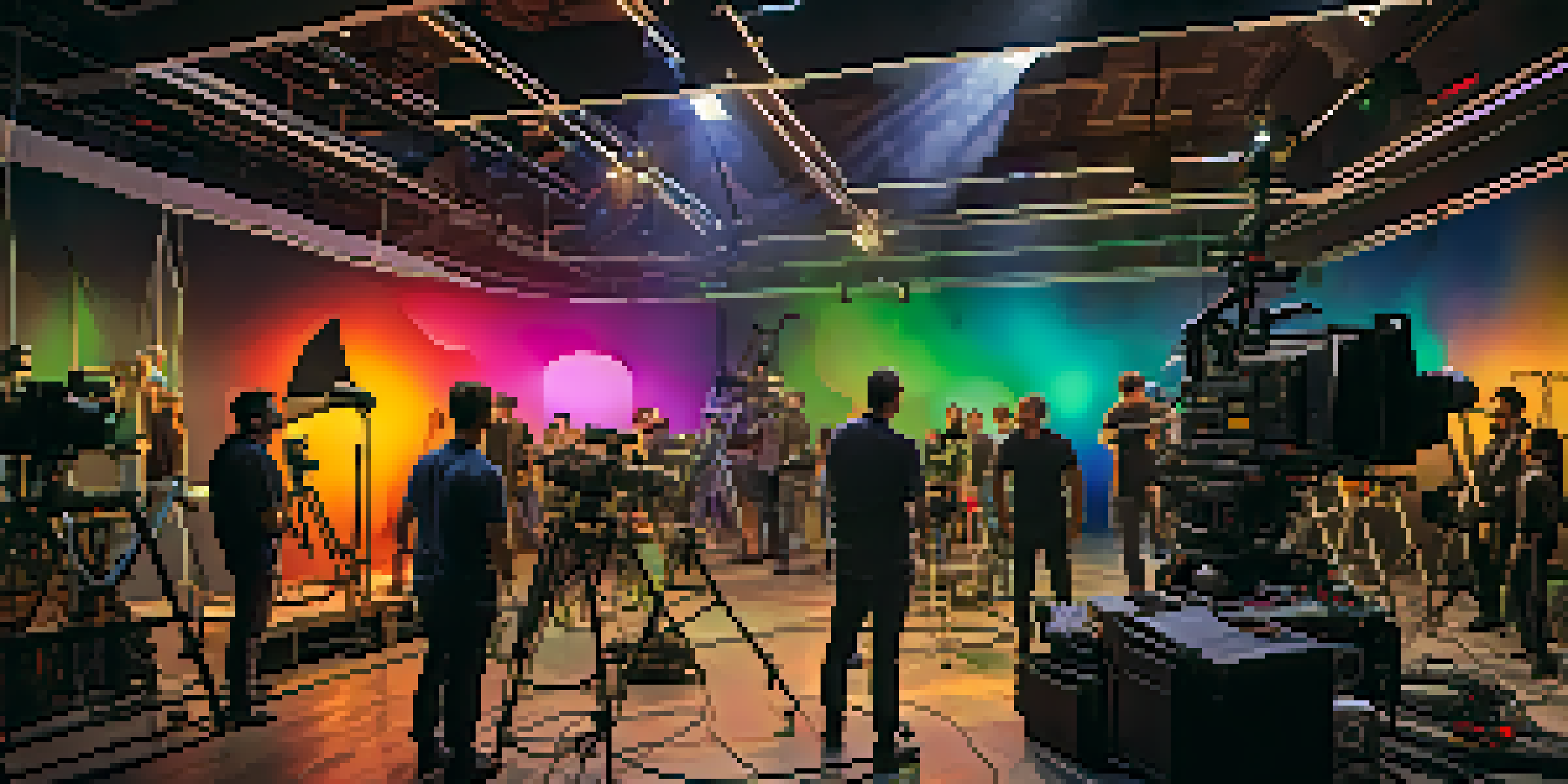 A busy film set with a cinematographer and crew members working around a camera and colorful lighting.
