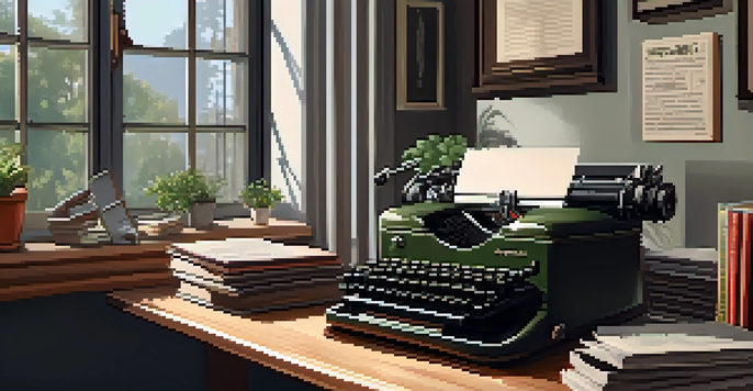 A cozy workspace of a film critic with a vintage typewriter, books, plants, and movie posters.