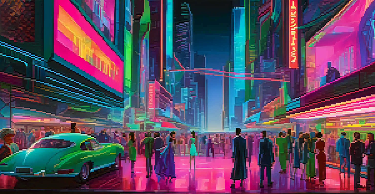 A lively futuristic cityscape illuminated by colorful neon lights and animated projections, filled with people.