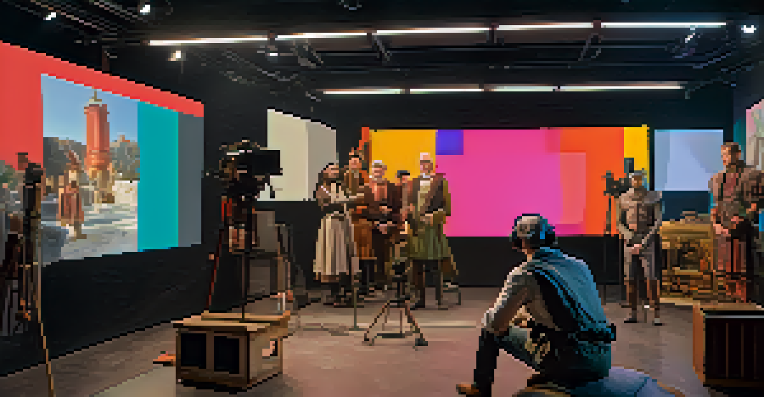 A filmmaker in a studio using virtual reality technology and CGI to create a biopic, with vivid historical scenes displayed on a screen.