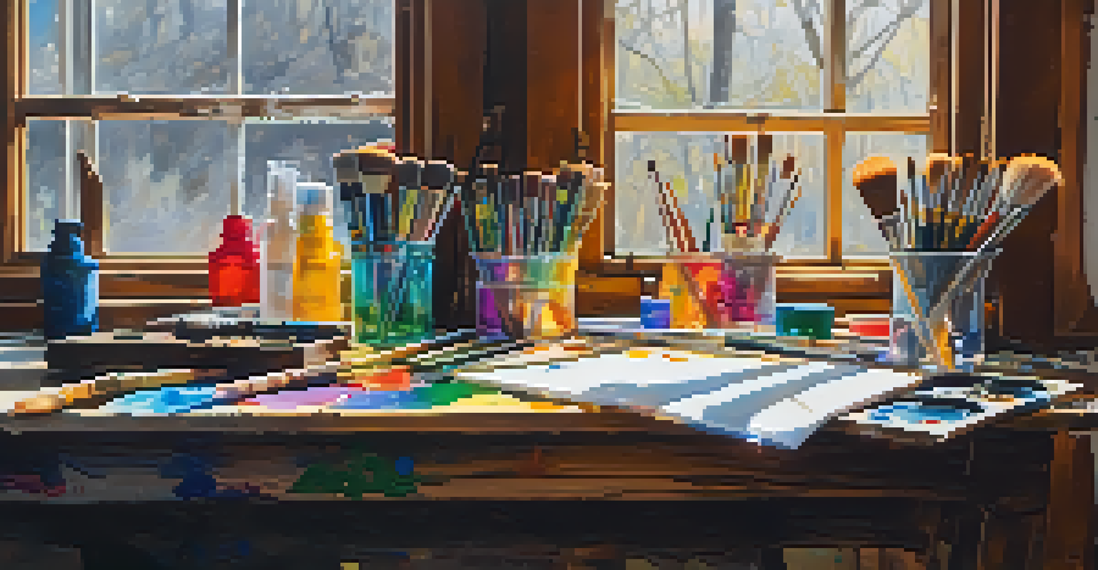 An artist's workspace with paint tubes and brushes under natural light.
