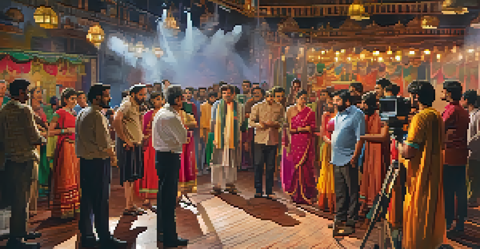 A behind-the-scenes view of a Bollywood film set with a director directing actors and crew members adjusting equipment, filled with vibrant costumes and film gear.