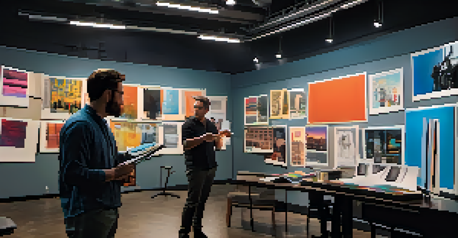 A film director and cinematographer reviewing a storyboard in a modern studio.