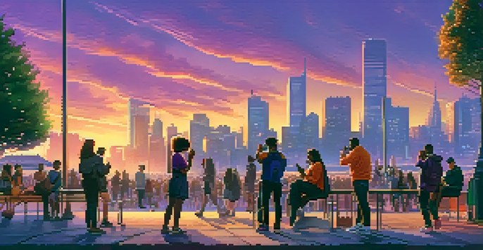 A colorful city park at sunset with people using smartphones and short film posters around.