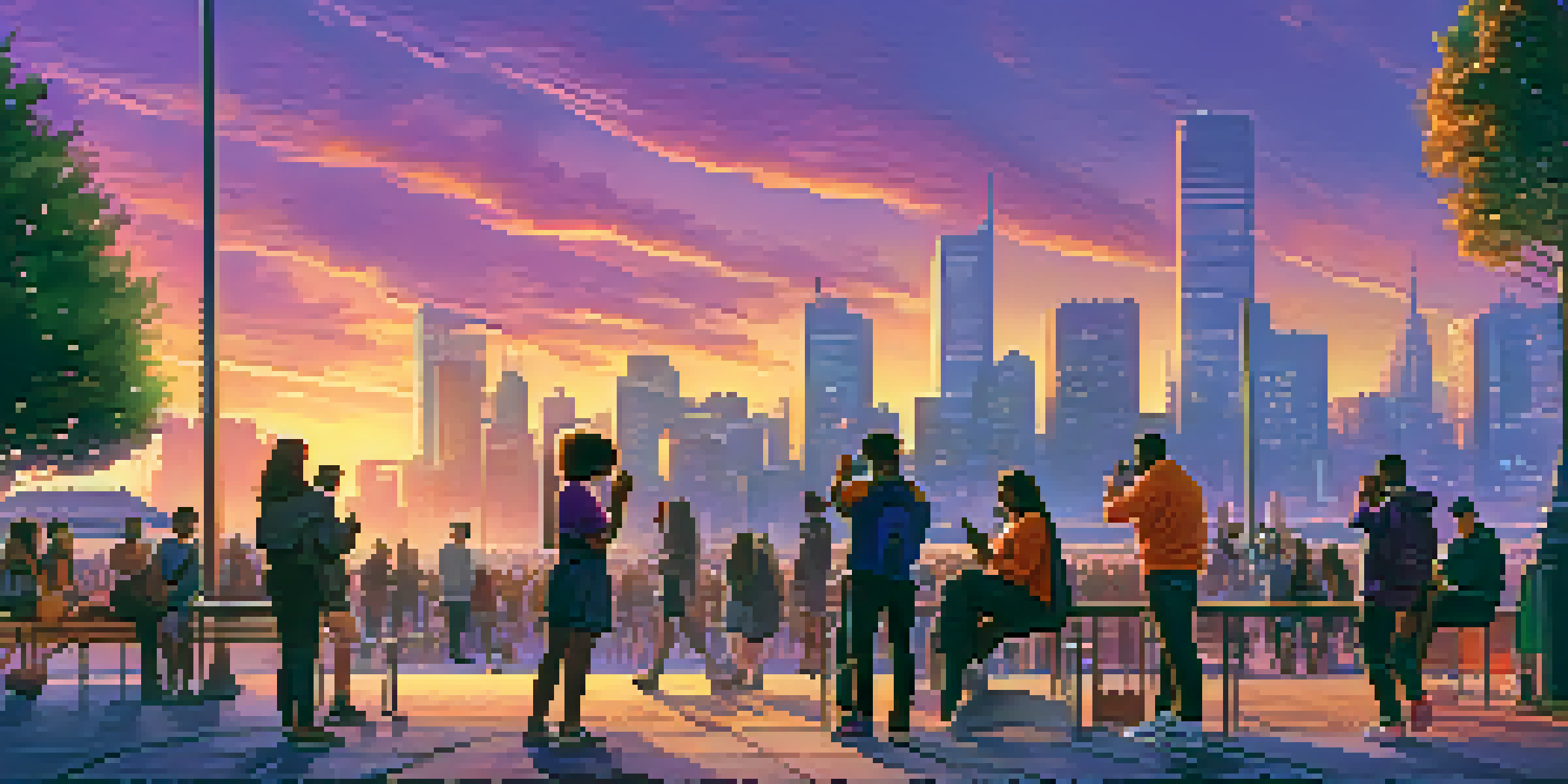 A colorful city park at sunset with people using smartphones and short film posters around.