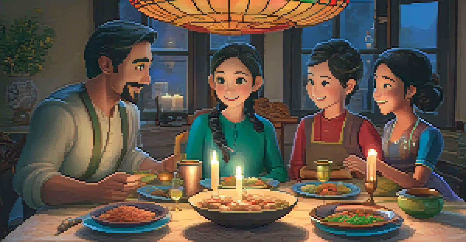 A diverse group of animated characters sharing a meal at a beautifully decorated table, showing emotions of happiness and togetherness.