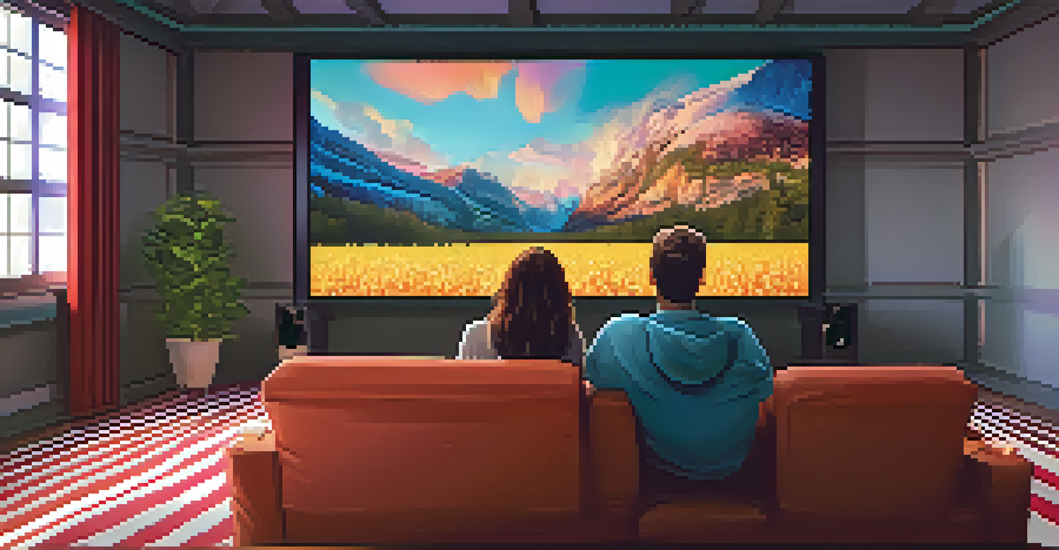 A couple enjoying a movie in a cozy home theater, with digital assets representing NFTs surrounding them.