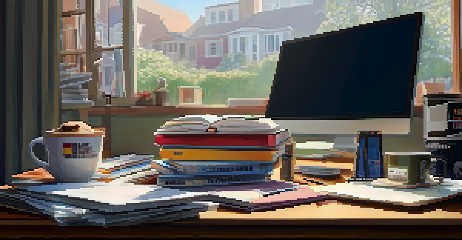 A film critic's desk with notebooks, a laptop, and film posters, illuminated by morning light.