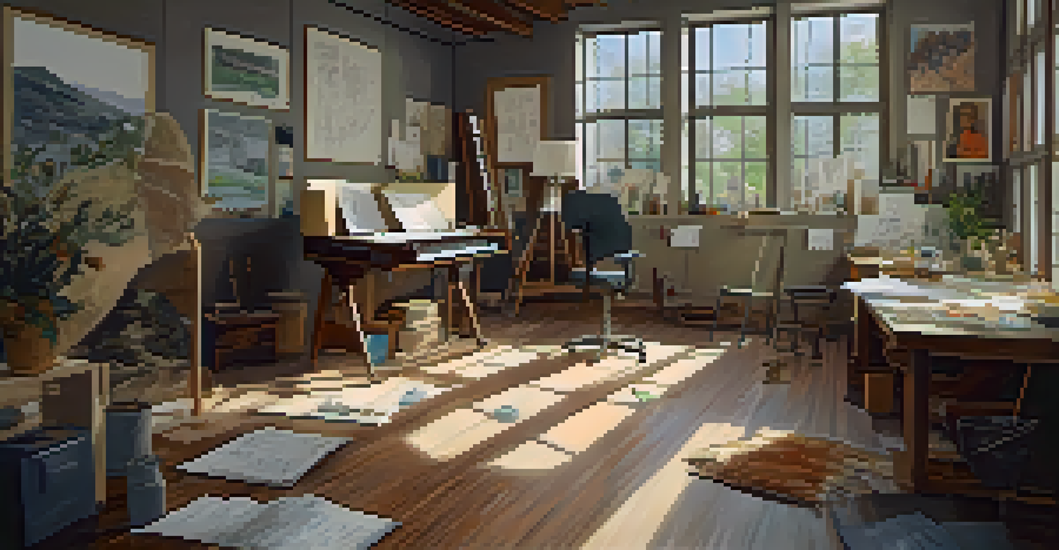 An artist's studio with natural light, an actor practicing visualization exercises surrounded by sketches and textures.