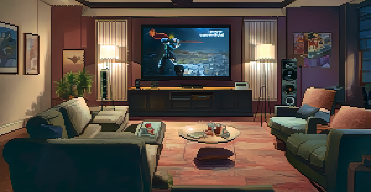 A cozy home cinema with a person watching a film on a large screen, surrounded by snacks and a notebook.