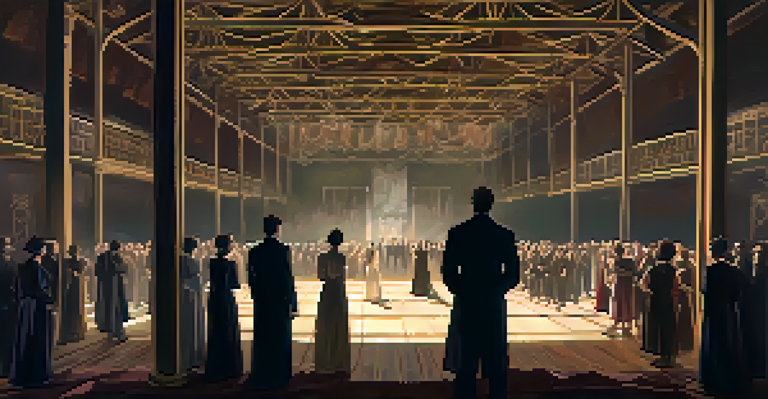 An atmospheric warehouse setting for 'Sleep No More', with dim lighting and audience members exploring the space alongside shadowy character figures.
