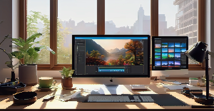 A bright and inviting digital editing workspace with dual monitors, editing software on the screens, and a wooden desk with editing tools and a potted plant.