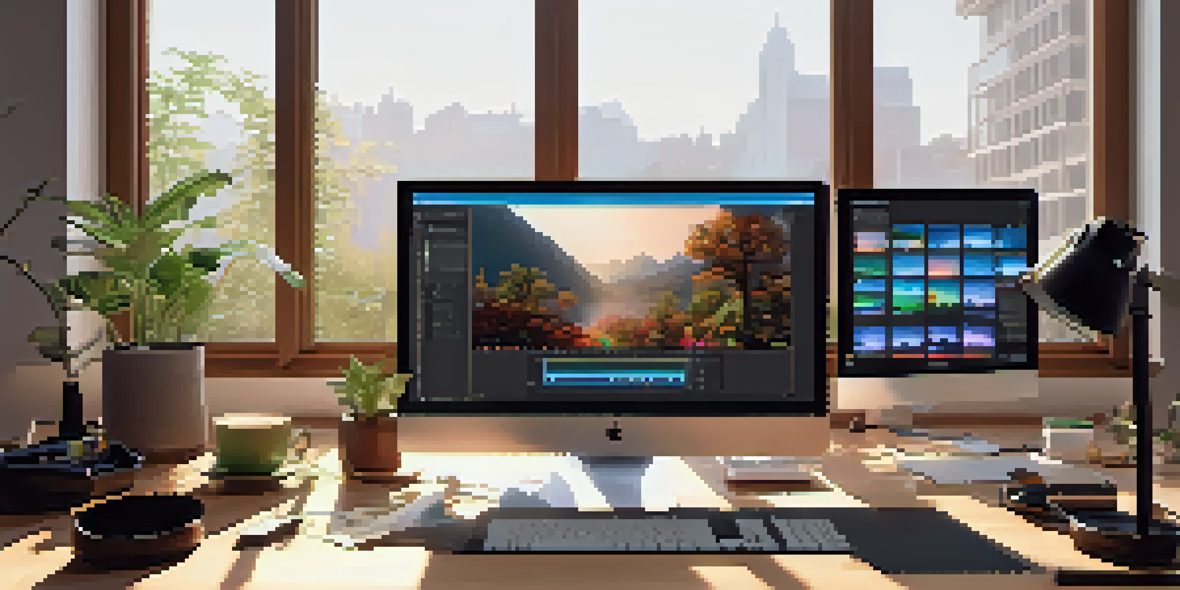 A bright and inviting digital editing workspace with dual monitors, editing software on the screens, and a wooden desk with editing tools and a potted plant.