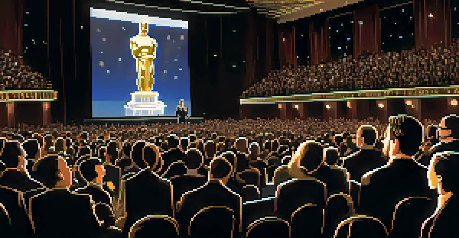 An emotional moment at the Oscars with a filmmaker receiving their award amidst applause and camera flashes.