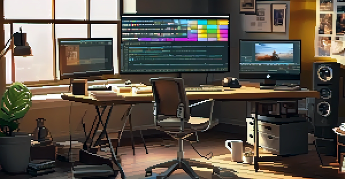 A film editing workspace with a computer displaying video clips, colorful sticky notes, a cup of coffee, and a vintage film reel, all illuminated by soft warm lighting.