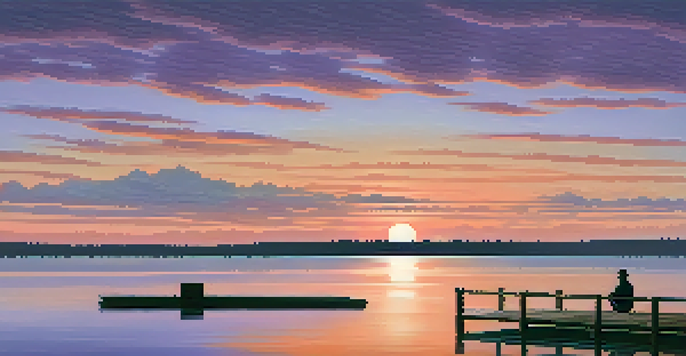 A tranquil lake at sunset with a silhouette of a person on a dock, surrounded by soft colors in the sky.
