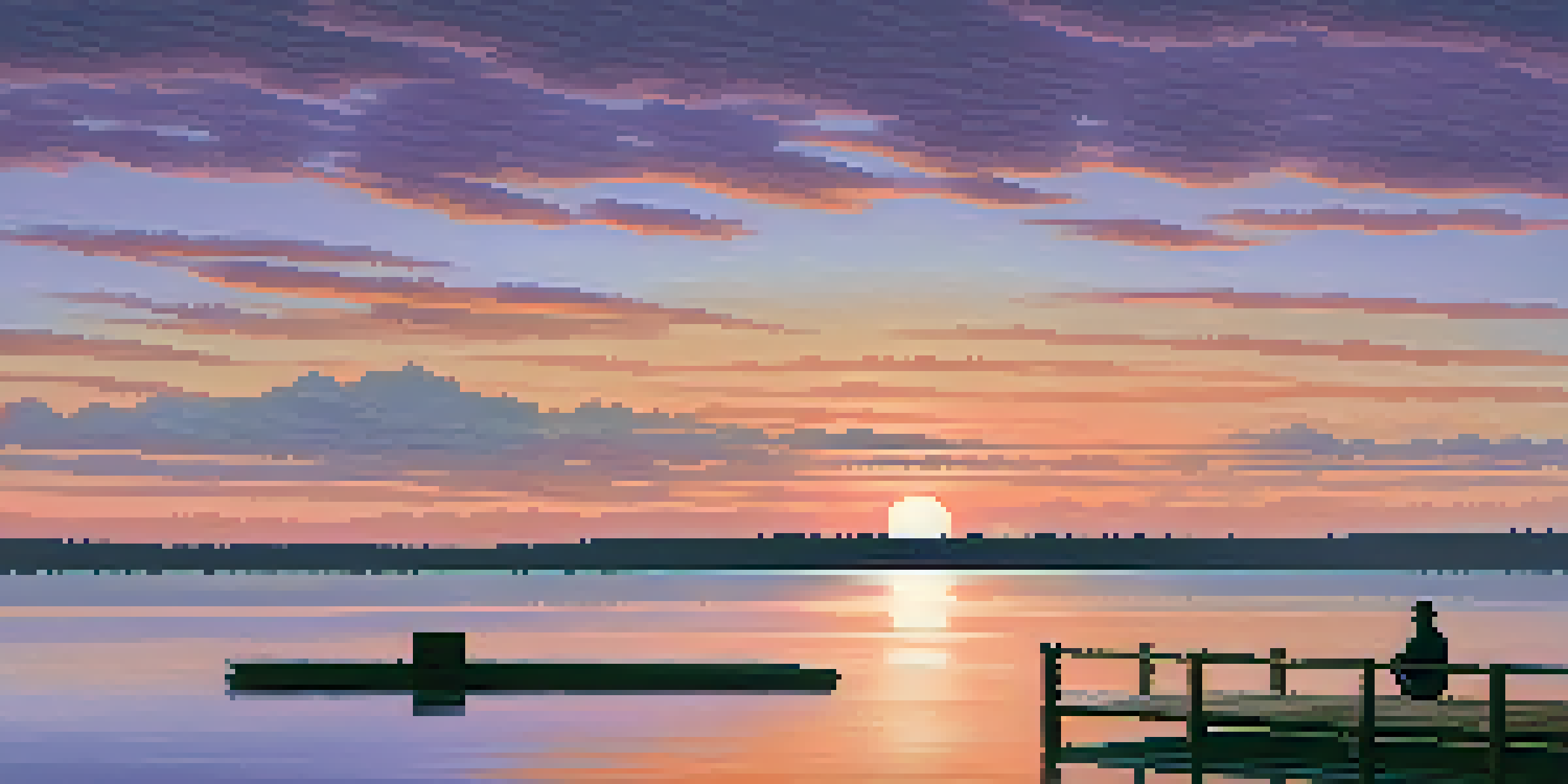 A tranquil lake at sunset with a silhouette of a person on a dock, surrounded by soft colors in the sky.