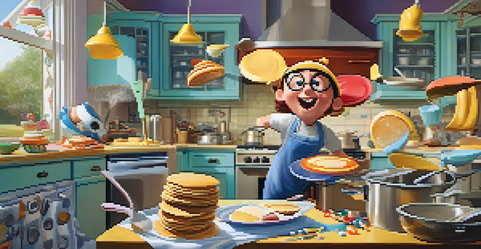 A humorous scene in a kitchen where a character is trying to flip pancakes with an oversized spatula, with batter flying everywhere.
