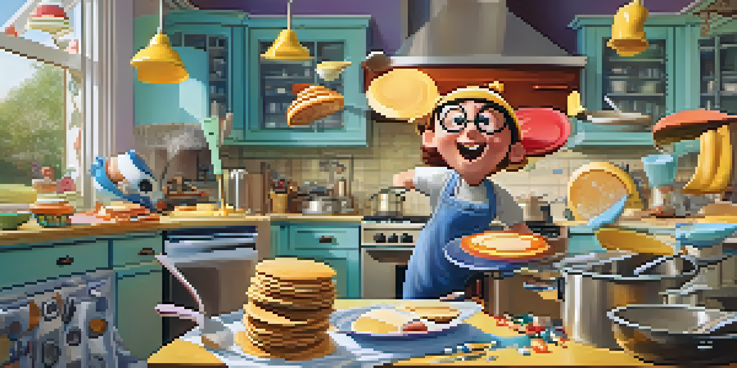 A humorous scene in a kitchen where a character is trying to flip pancakes with an oversized spatula, with batter flying everywhere.