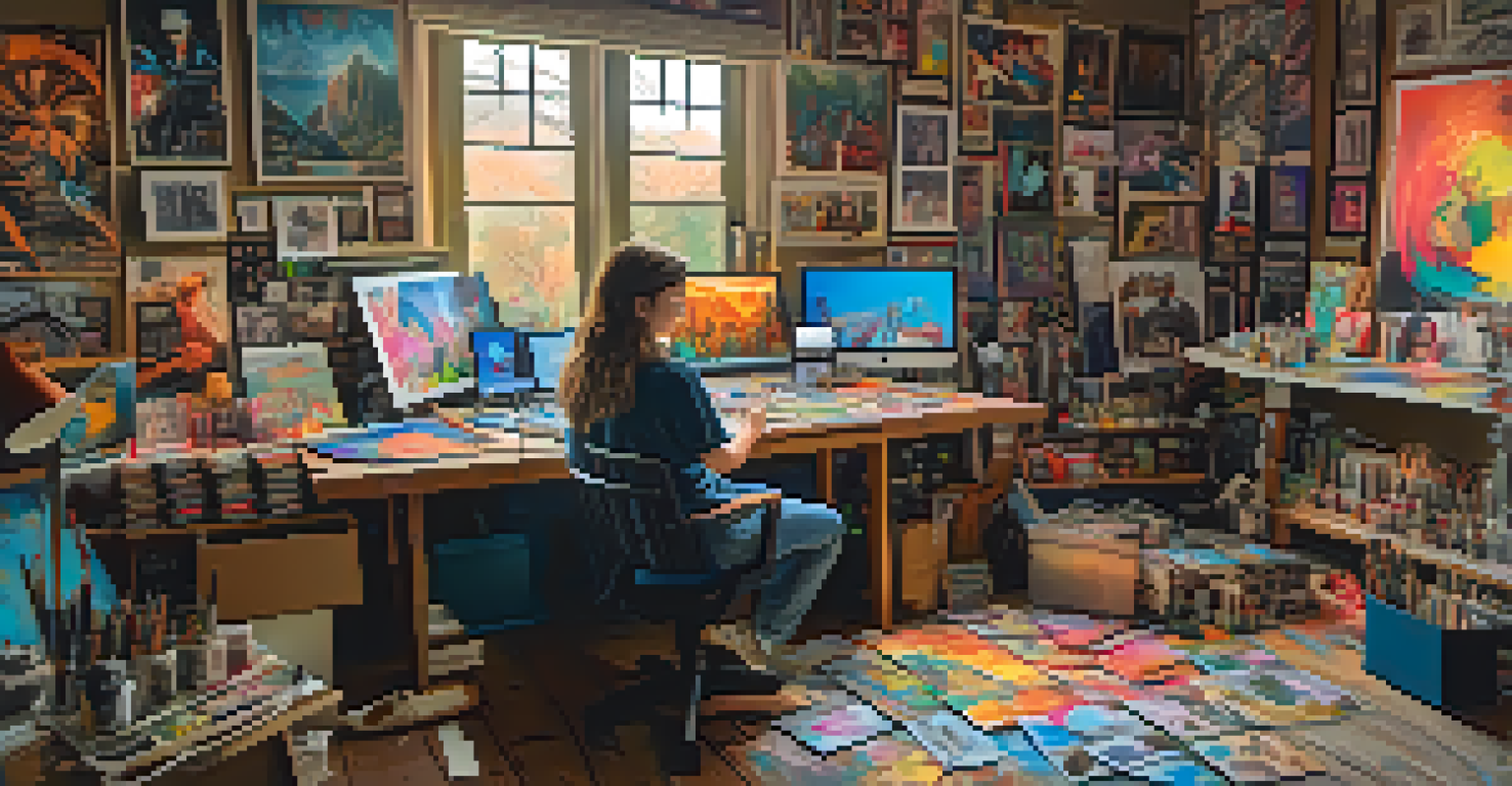 An artist at work creating fan art inspired by a cult film, with colorful art supplies and sketches around them.