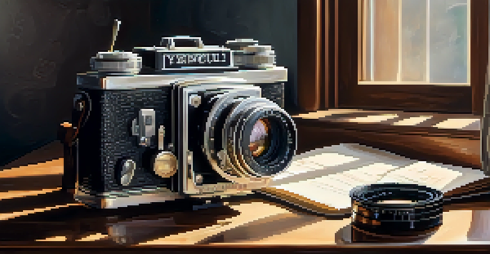 A vintage film camera on a wooden table with soft natural light and film reels in the background.
