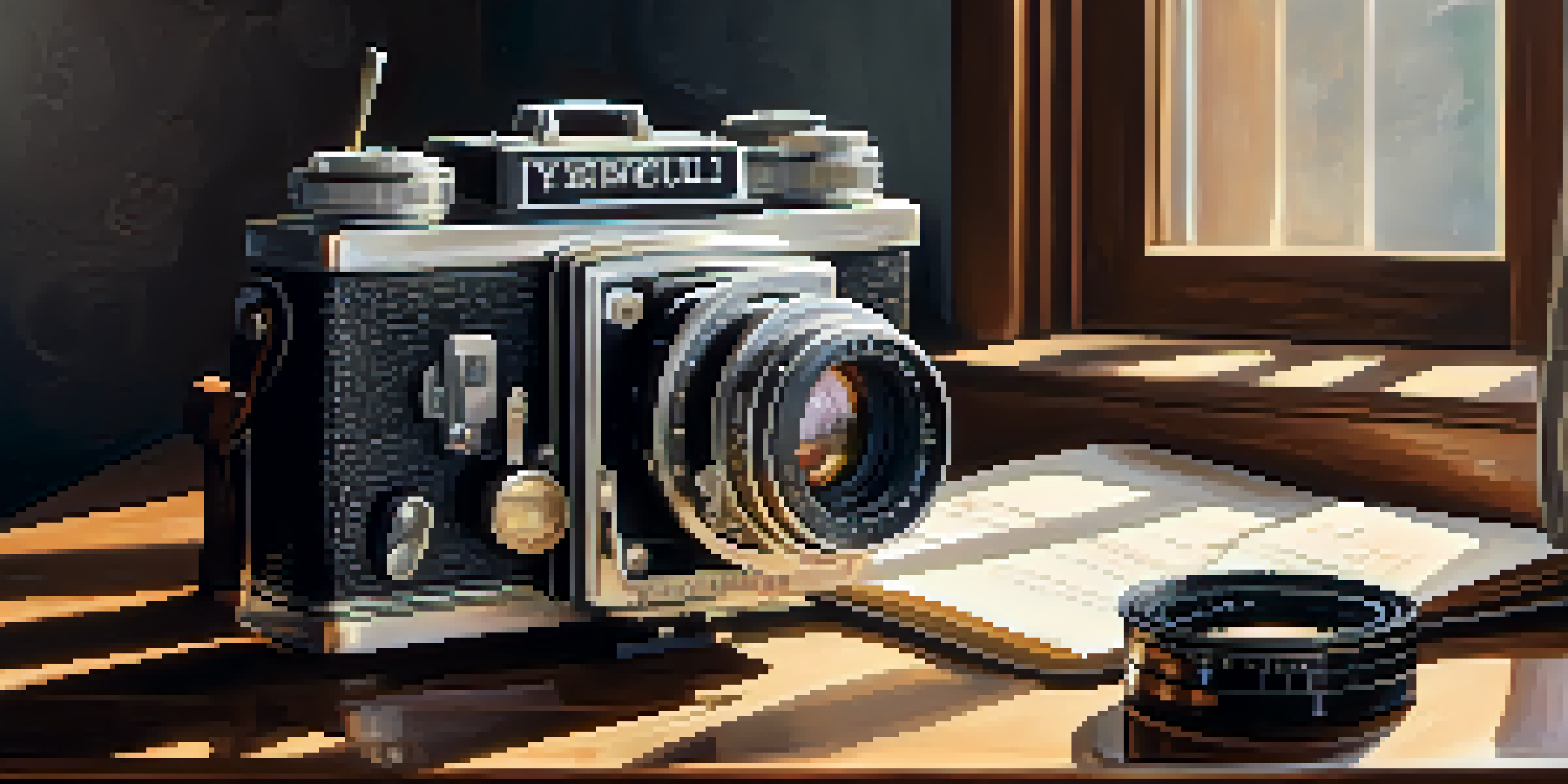 A vintage film camera on a wooden table with soft natural light and film reels in the background.