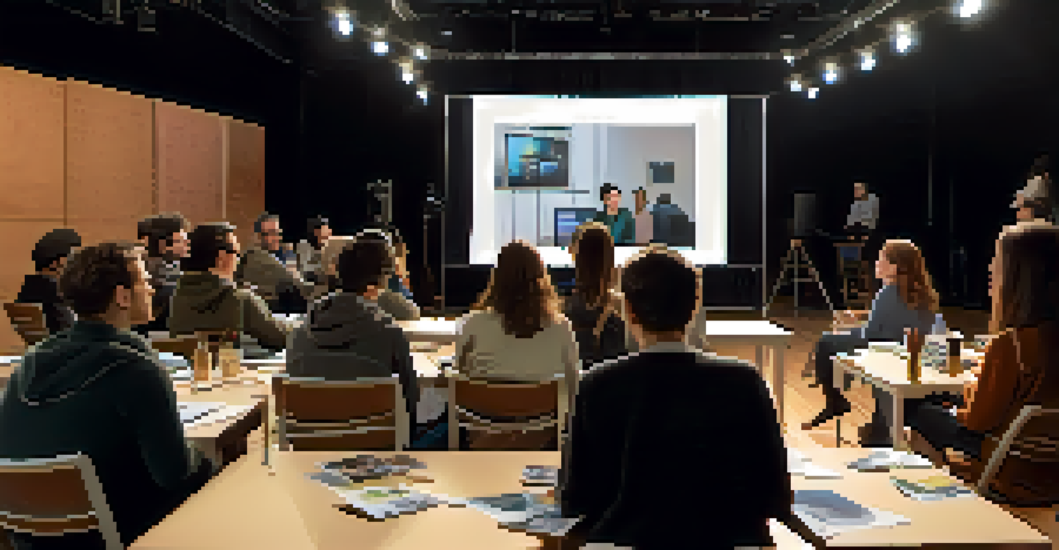 A workshop at the Montreal World Film Festival with filmmakers engaged in discussion and a screen showing film clips.