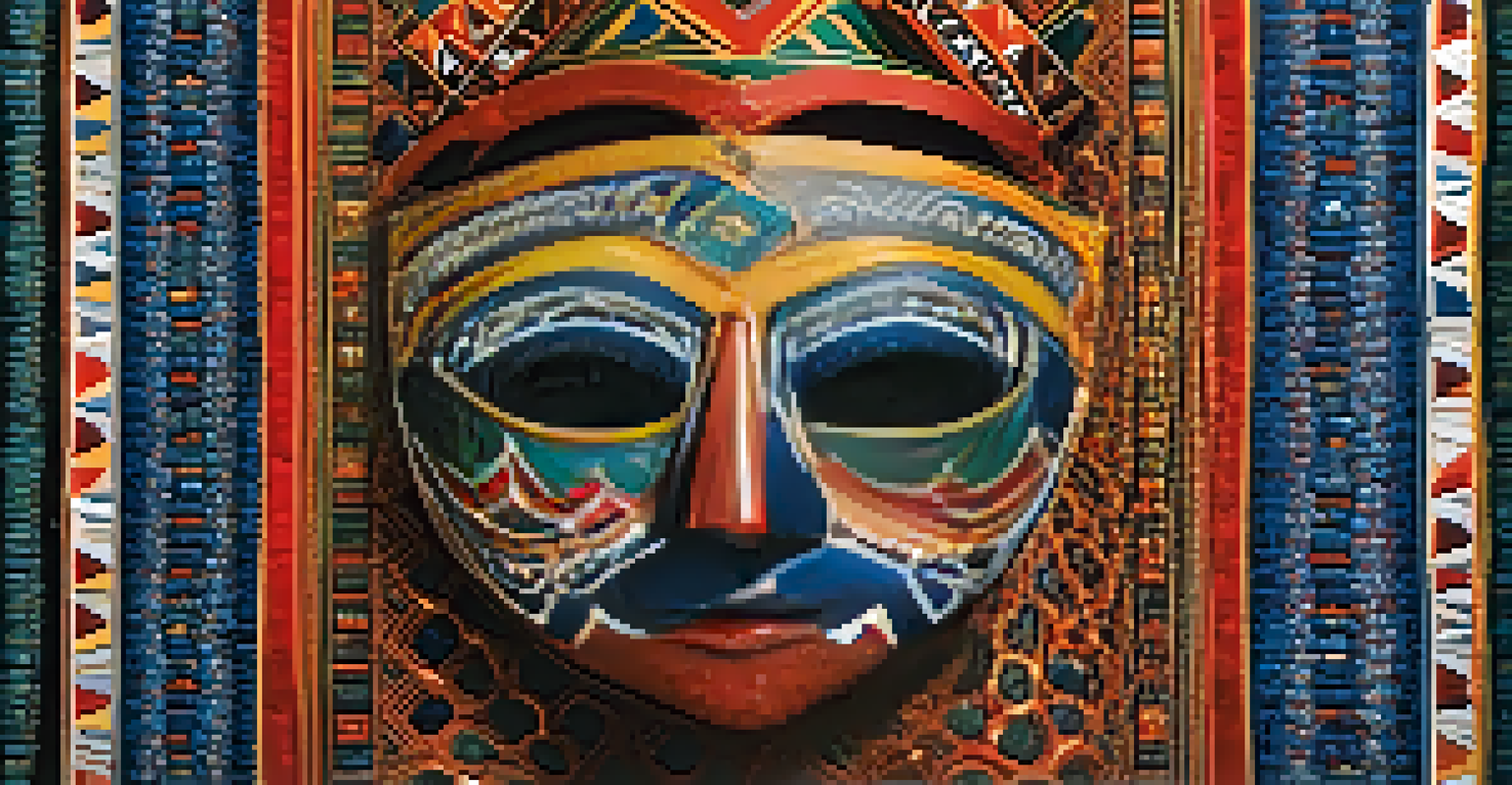 A detailed close-up of a handcrafted cultural mask, showcasing vibrant colors and intricate textures.
