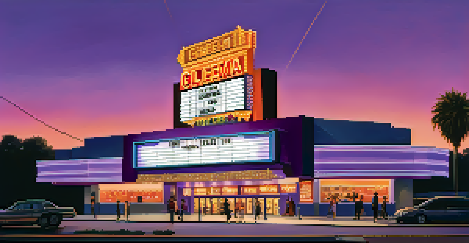 A modern multiplex cinema with neon lights and a marquee, bustling with moviegoers at dusk.