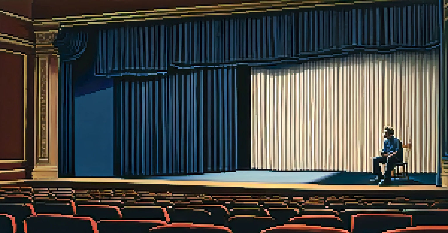 An actor rehearsing a monologue on stage under a spotlight, with audience seats in dim light and a deep blue curtain backdrop.