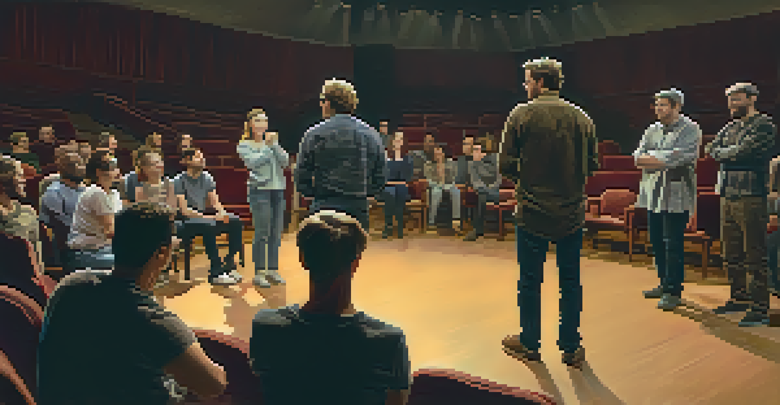 A group of actors rehearsing on stage, displaying various emotions during an improvisational exercise with warm stage lighting.