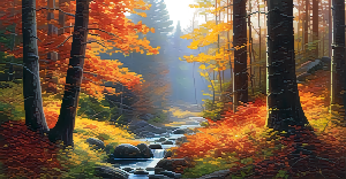 A tranquil forest with colorful autumn leaves and sunlight streaming through the trees, illuminating a flowing stream.