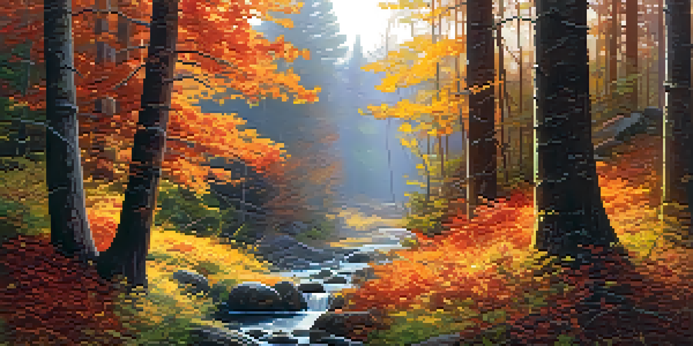 A tranquil forest with colorful autumn leaves and sunlight streaming through the trees, illuminating a flowing stream.