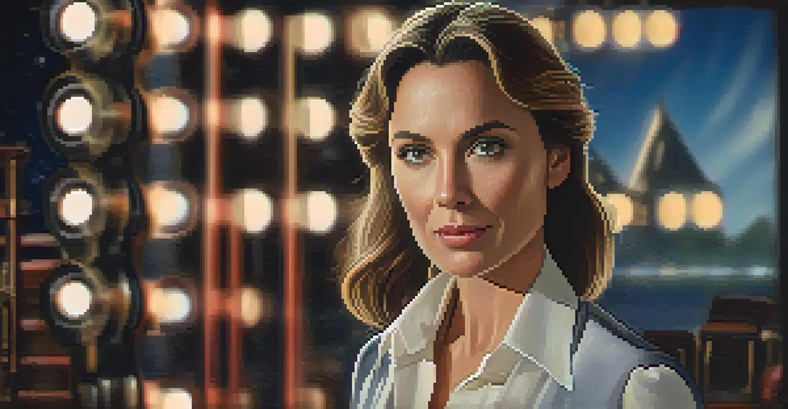 Close-up portrait of a confident female film producer on a movie set, holding a script with a determined expression.
